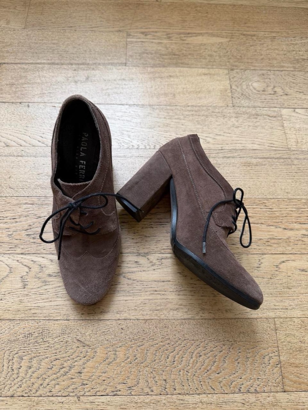 Paola Ferri 90s Suede Oxford Heels Brown Lace-Up Pumps Office Siren Preppy Mod